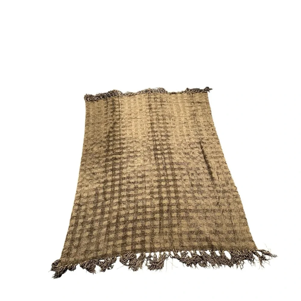 Restoration Hardware Chenille Blanket Brown Checkered Fringe Throw Soft Heavy